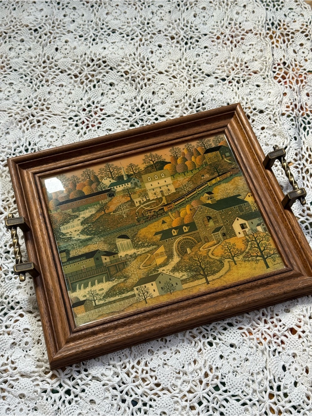 Vintage Folk Art Train & Mill Framed Serving Tray | Americana Country Decor